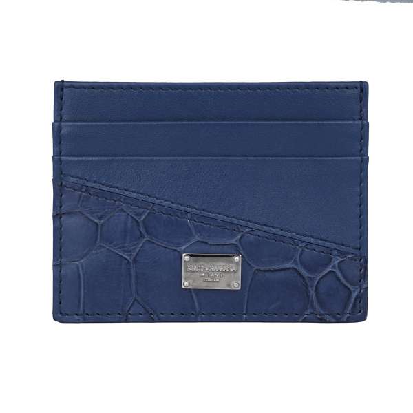  Crocodile and calf leather cards etui wallet with DG logo plate in blue by DOLCE & GABBANA