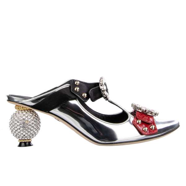 Pointed metallic leather Mule Pumps ALADINO in silver with two crystals embellished buckles and crytals ball heel by DOLCE & GABBANA