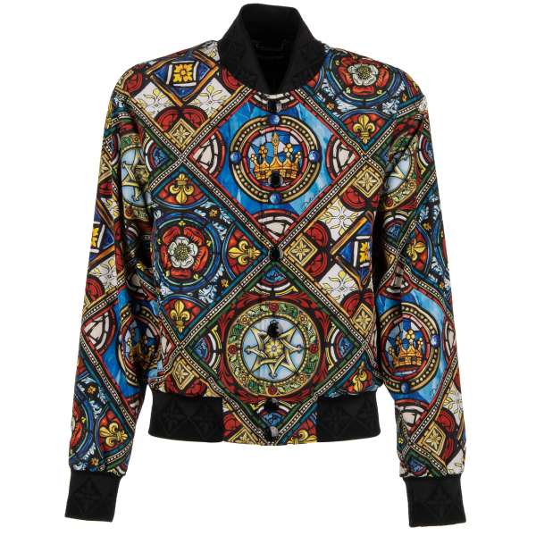 Napoleon collection printed bomber down jacket with logo, crowns and flowers print and knitted details by DOLCE & GABBANA