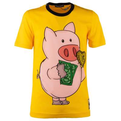 Pig with Dollar Printed Cotton T-Shirt with Logo Sticker Yellow