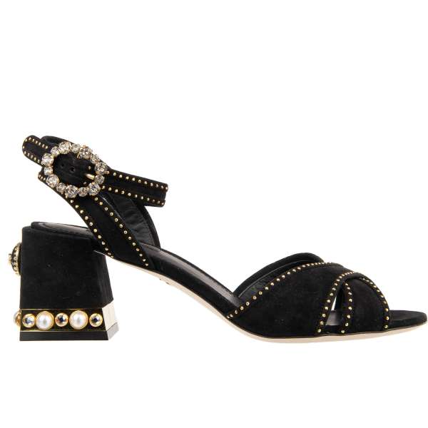 Suede Leather Sandals KEIRA embellished with pearls, crystals and DG Logo on the heel in black by DOLCE & GABBANA
