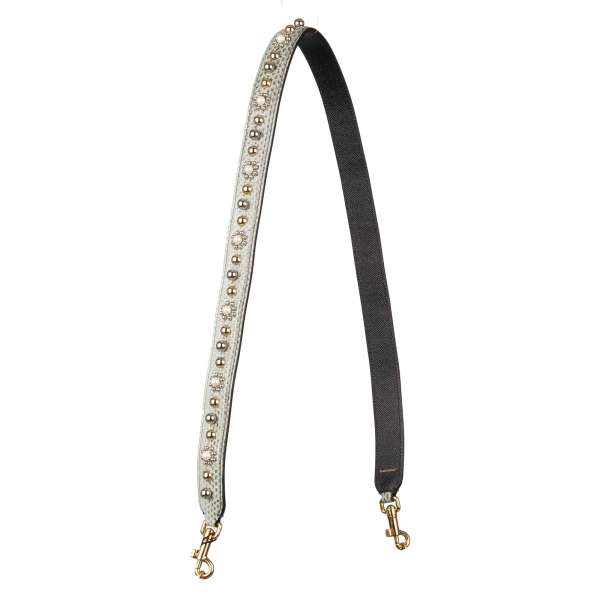 Dauphine and snake leather bag Strap / Handle with golden studs and pearl applications in green-gray and black by DOLCE & GABBANA