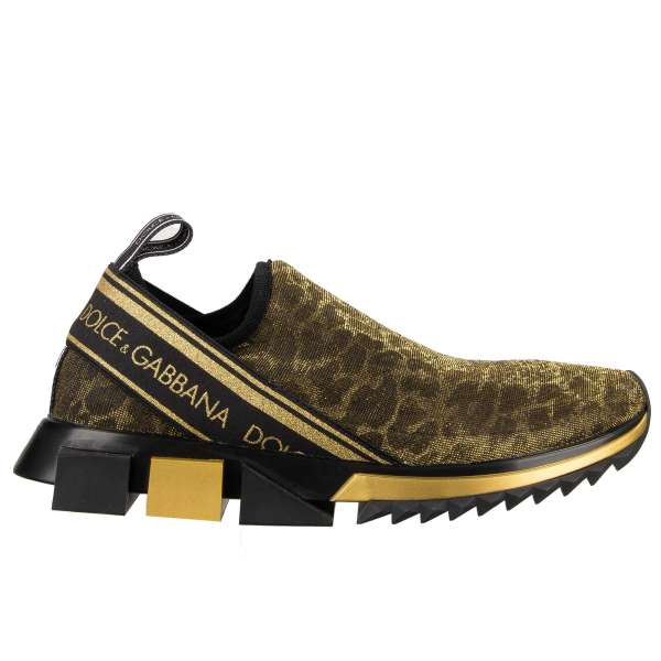 Elastic Slip-On Sneaker SORRENTO with Dolce&Gabbana Logo stripes and Leopard pattern in gold and black by DOLCE & GABBANA