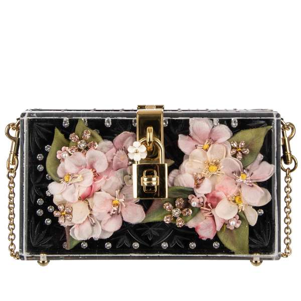 Mit Kristallen beschmückte Schultertasche / Clutch DOLCE BOX aus Plexiglas mit transparenter Vitrine mit Blumen und Kristallen und dekorativem Schloss mit Blume von DOLCE & GABBANA