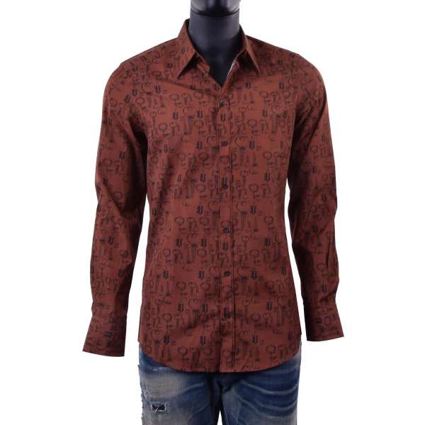 Hemd aus Baumwolle GOLD mit Schlüssel-Print in Braun und Schwarz von DOLCE & GABBANA
