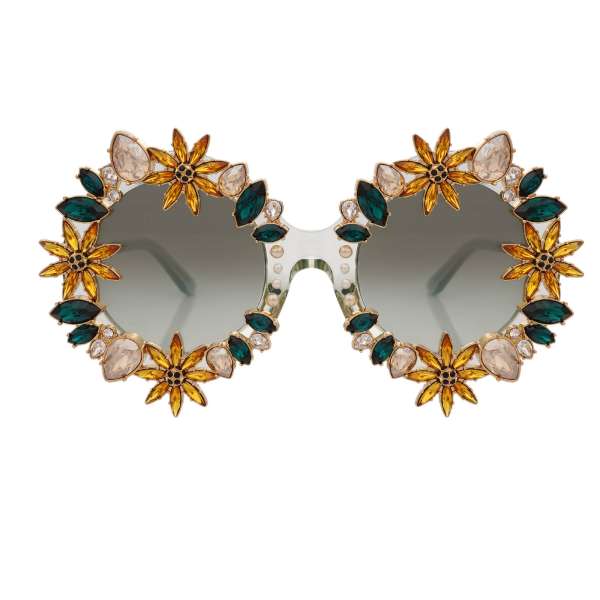 Limited Edition runde Oversize Sonnenbrille mit Sonnenblumen, Perlen und Kristallen von DOLCE & GABBANA