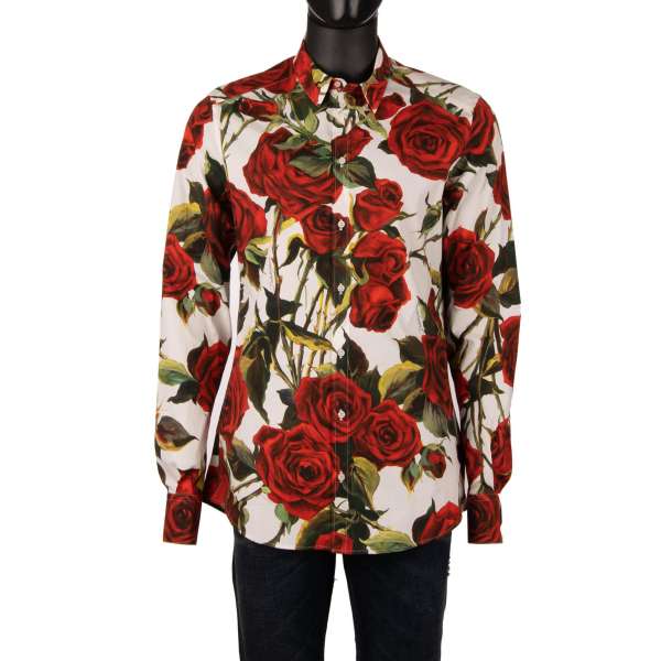 Cotton shirt with red roses print in white by DOLCE & GABBANA