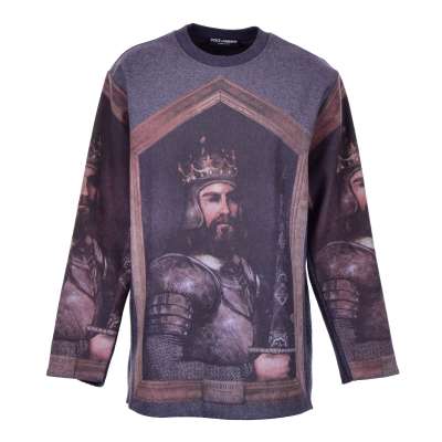 Oversized Knight King Printed Virgin Wool Sweater Gray