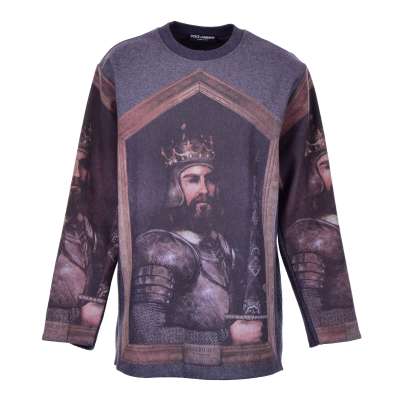 Oversize Ritter König Print Schurwolle Pullover Grau