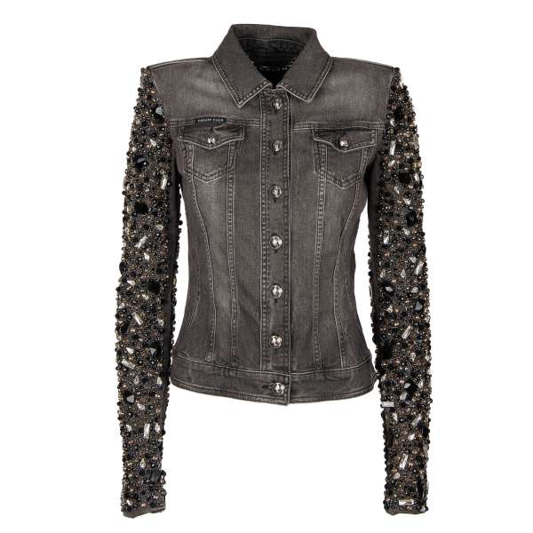 ASHLEY Jeans Jacket with crystals and beads embroidered sleeves and Philipp Plein metal logo on the back in gray by PHILIPP PLEIN COUTURE