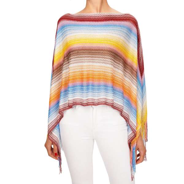 Large zigzag pattern woven Poncho Scarf / Foulard in white, orange, blue, red and yellow by MISSONI