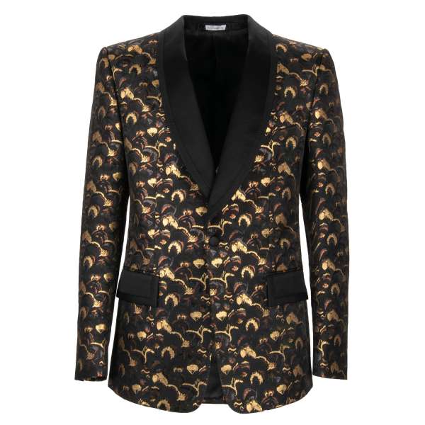 Feather pattern jacquard blazer with shawl lapel in gold and black by DOLCE & GABBANA
