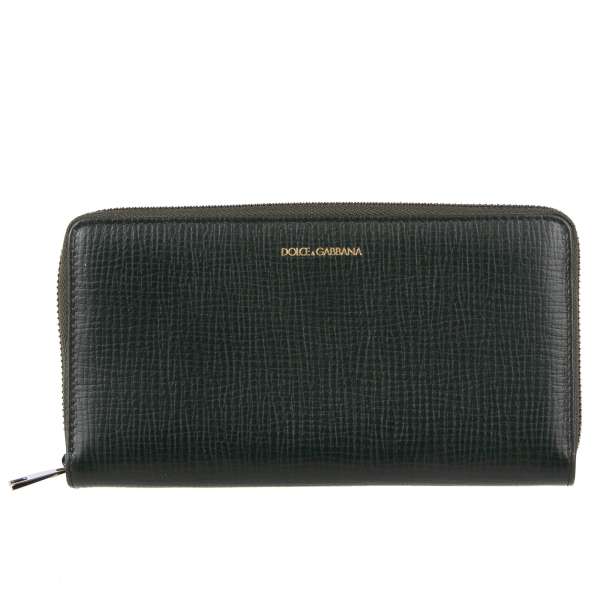 Palmellato Leather Zip-Around wallet with logo print in green by DOLCE & GABBANA