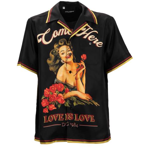 Oversize silk shirt with Pin Up Rose Model Come Here and DG logo print in black by DOLCE & GABBANA