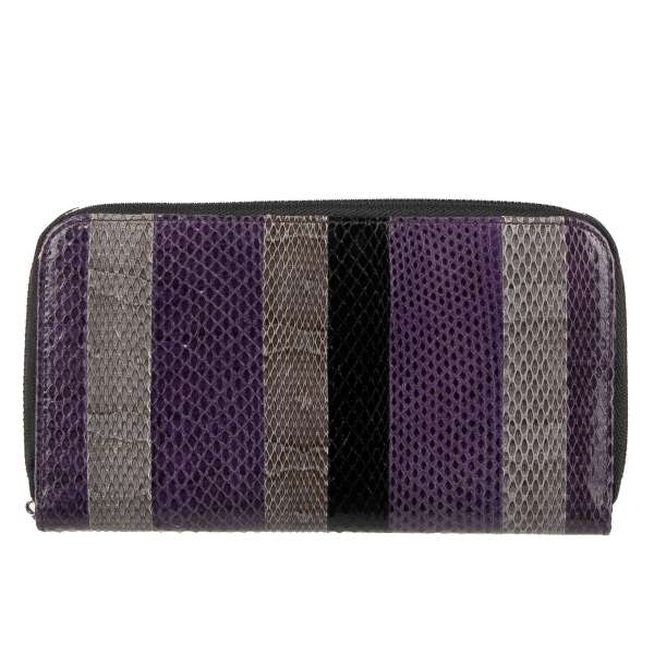 Striped Patchwork Zip-Around wallet made of snakeskin in purple, gray and black by DOLCE & GABBANA