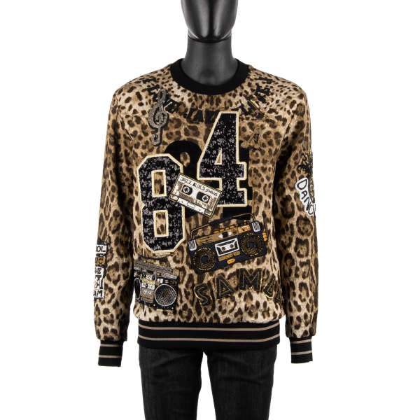 Außergewöhnlicher Sweater / Pullover aus Brokat mit Leopard Print und Hand-Stickerei mit Jazz, Blues, Samba Musik Motiven von DOLCE & GABBANA