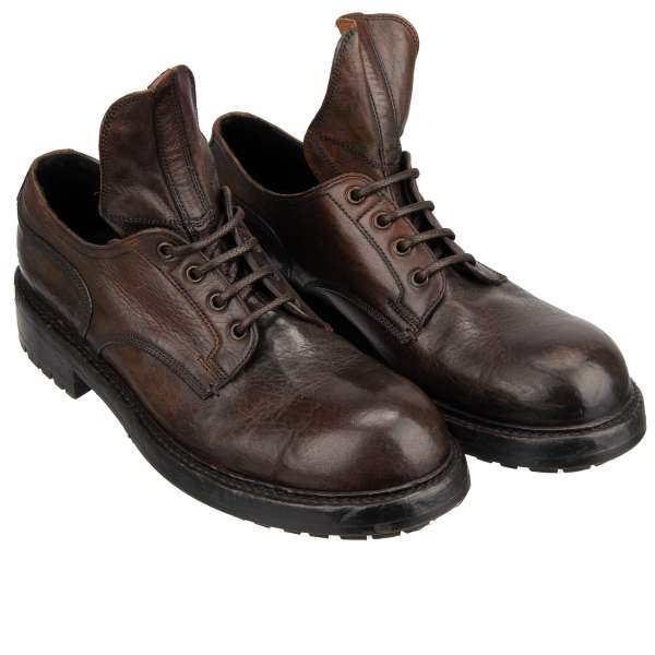  Derby Shoes BERNINI made of leather with long DG logo embellished shoe tongue in brown by DOLCE & GABBANA