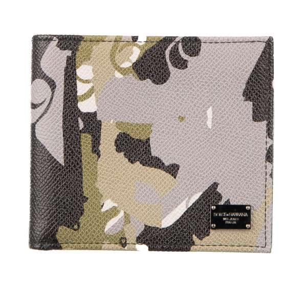 Camouflage printed Dauphine leather wallet with DG metal logo plate in gray and khaki by DOLCE & GABBANA