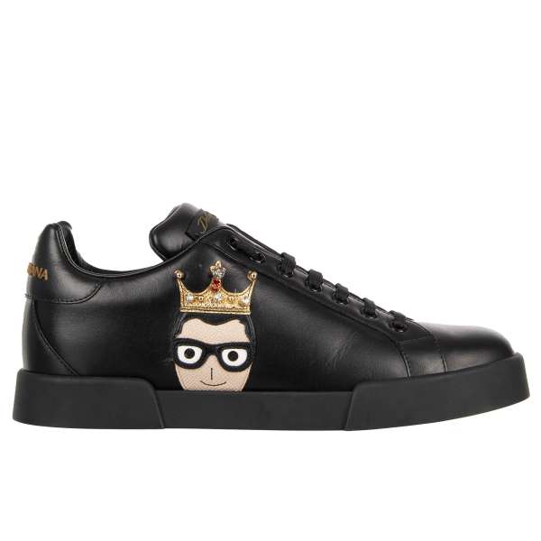 Women Leather Sneaker PORTOFINO with Domenico and Stefano with Crystal Crowns in black by DOLCE & GABBANA
