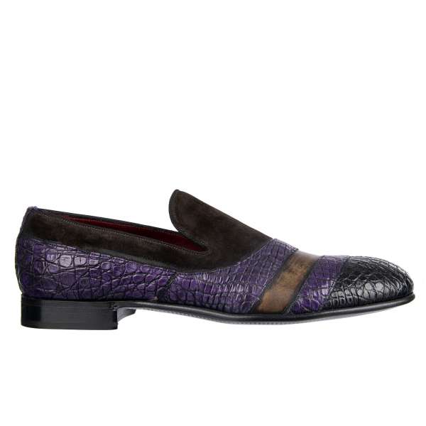 Exklusive mehrfarbige Loafer MILANO aus Wildleder und Krokodilleder (Kaiman) von DOLCE & GABBANA Black Label