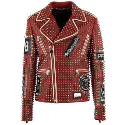 Studded Biker Leather Jacket PUNK IS PLEIN with Patches Red Black M
