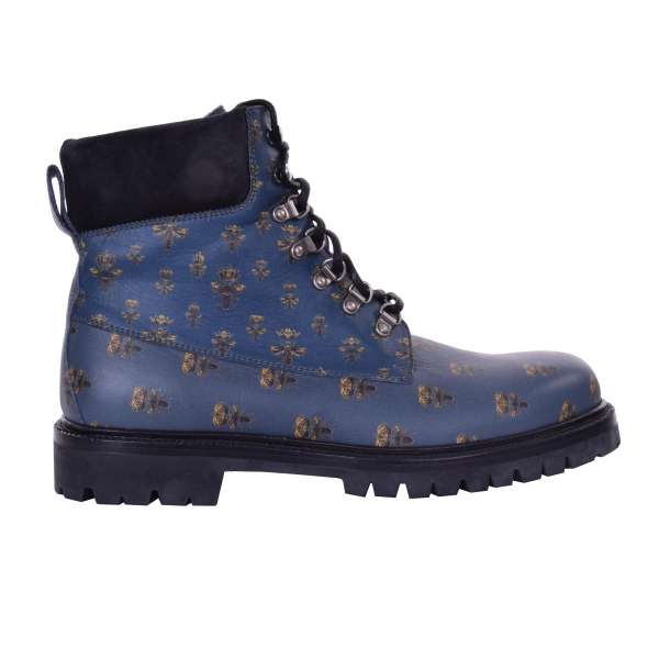 Stiefeletten aus gebürstetem Kalbsleder und Wildleder BAGHERIA mit Bienen und Kronen Print in Gold von DOLCE & GABBANA Black Label