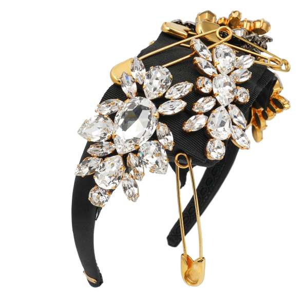 Hairband embelished with crystal brooches and pins in black, gold and white by DOLCE & GABBANA