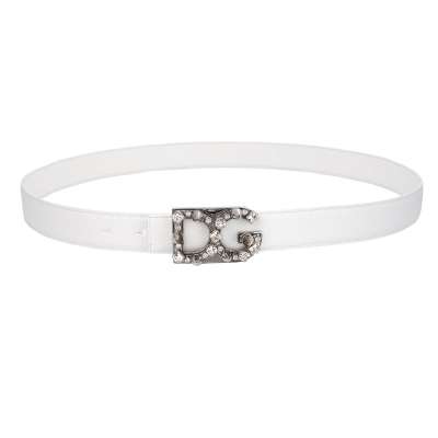 Crystal Stud DG Logo Leather Belt White Silver