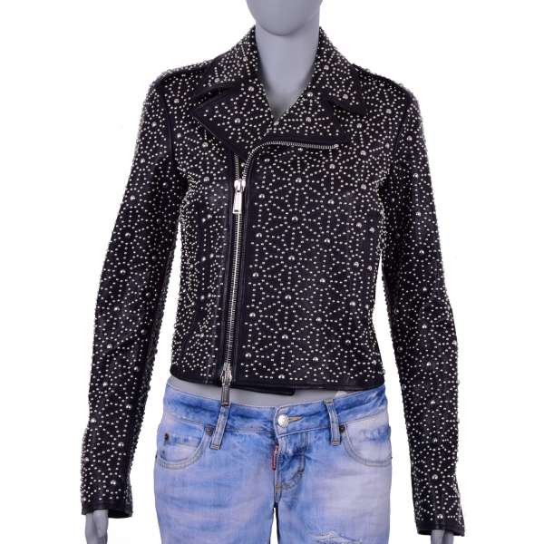 Lederjacke im Biker Stil mit Nieten in Schwarz und Silber von DSQUARED2