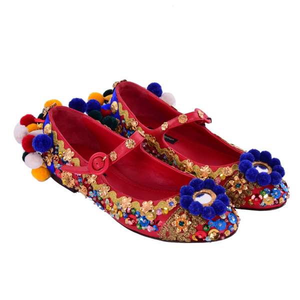 Sicily style embroidered nappa leather ballet flats embellished with pom poms, sequins applications, crystals and mirrors in red by DOLCE & GABBANA Black Label