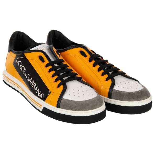 Leather and canvas Low-Top Sneaker ROMA with DG logo in orange and white by DOLCE & GABBANA