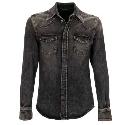 DG Metal Logo Plate Denim Jeans Press Button Shirt Gray 39 S