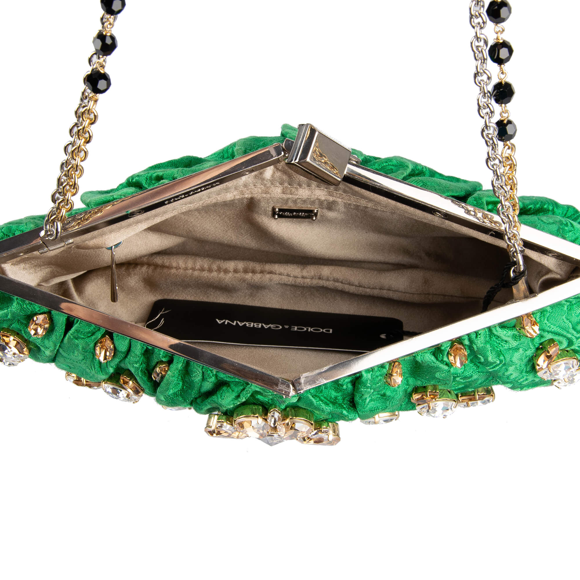 Jeweled Crystals Embellished Brocade Clutch Evening Bag Green