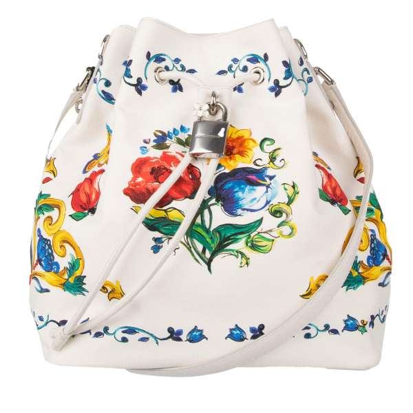 Canvas and leather bucket bag / shoulder bag CLAUDIA with majolica print and snakeskin strap by DOLCE & GABBANA