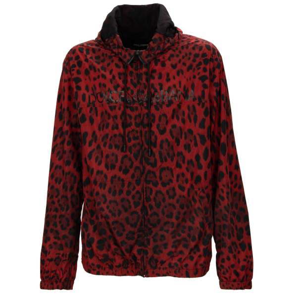 Light leopard printed bomber jacket with hood and DG Logo in red and black by DOLCE & GABBANA