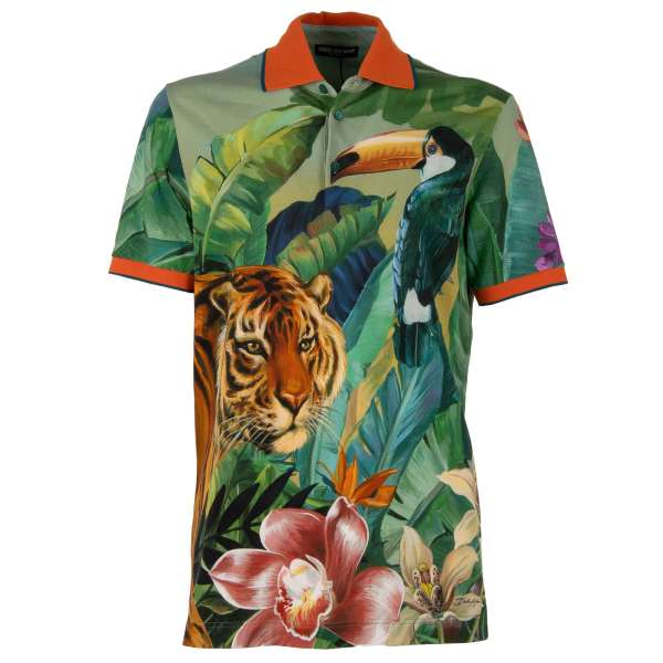 Polo Shirt aus Baumwolle mit Tropischen Papageien, Tiger und Blumen Print in Grün, Orange und Rot von DOLCE & GABBANA