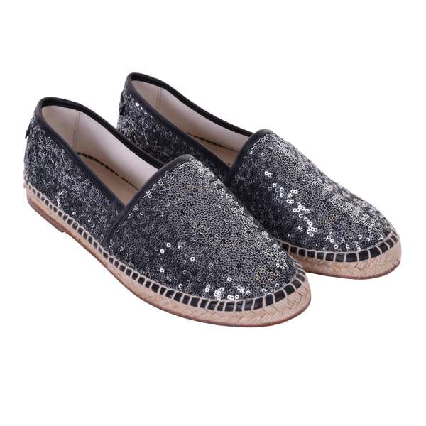 Dolce Gabbana Pailletten Espadrilles Schuhe TREMITI mit Logo Silber