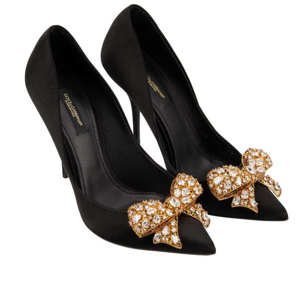Pointed silk Pumps CARDINALE with filigree crystal brooch in black by DOLCE & GABBANA