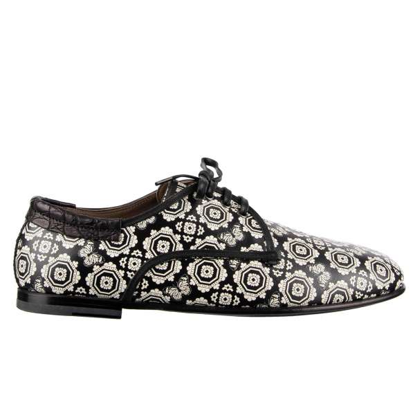 Butterfly printed leather derby shoes AMALFI with crocodile leather trim by DOLCE & GABBANA Black Label