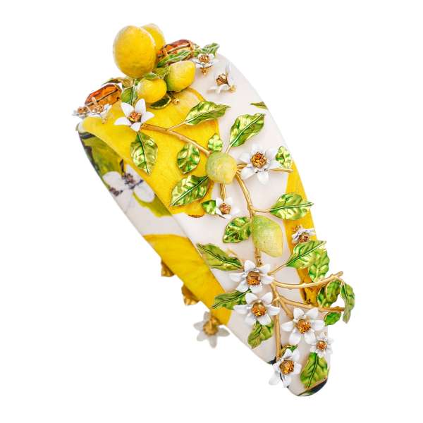 Headband with crystals, flowers, lemons in white, yellow and green by DOLCE & GABBANA