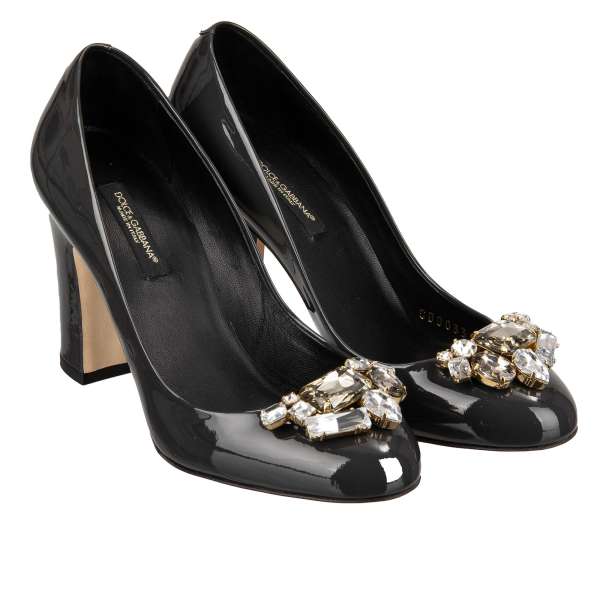 Patent leather Pumps VALLY with crystal brooch in dark gray by DOLCE & GABBANA