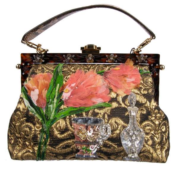 Clutch-Abendtasche / Schultertasche VANDA aus Brokat geschmückt mit Stickerei aus Tüll Pailletten und floralem Rahmen mit Blumen und Strass von DOLCE & GABBANA Black Label