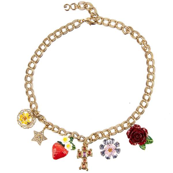 Chocker necklace with colorful crystals, cross, star, strawberry, rose and cherry flowers in gold by DOLCE & GABBANA