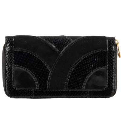 Patchwork Snakeskin Suede Leather Zip-Around Wallet Black