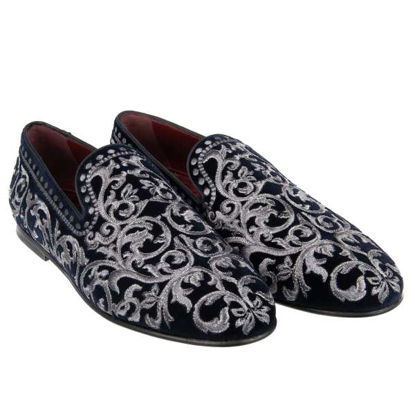 Velvet loafer shoes YOUNG POPE with floral pattern embroidery in silver and blue by DOLCE & GABBANA