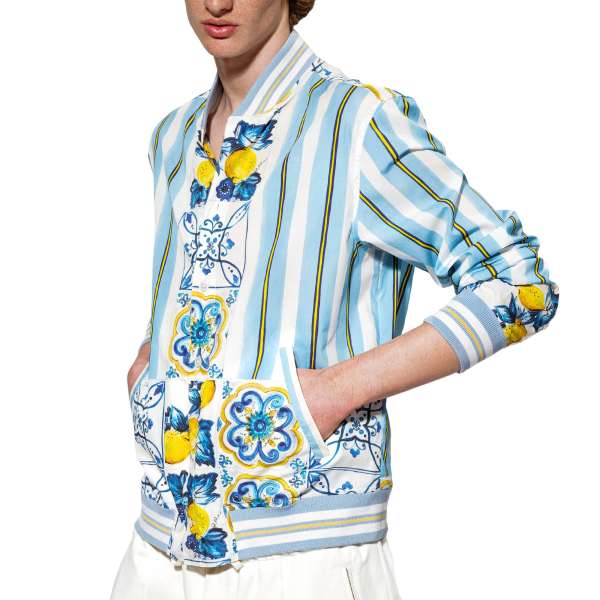 Cotton jacket style shirt with Majolica and striped Print in blue, yellow and white and by DOLCE & GABBANA