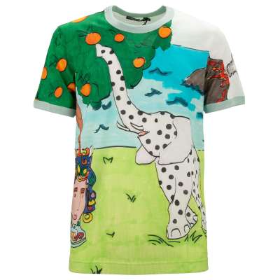 Elephant Kaktus Sizilien Print Baumwolle T-Shirt Grün Blau 50 M L 