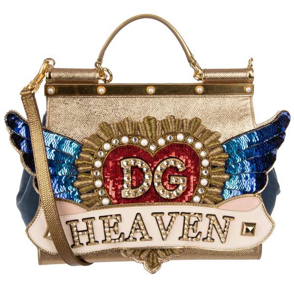 Jeweled shoulder bag SICILY DG Heaven with sequined heart and wings, crystals and goldwork embroidery by DOLCE & GABBANA
