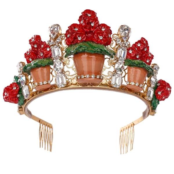 Filigree Tiara Crown with had painted Geranium flower pots and crystals in red and gold by DOLCE & GABBANA