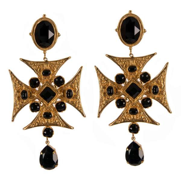 Cross Clip Earrings with filigree details and crystals in Gold and Black by DOLCE & GABBANA